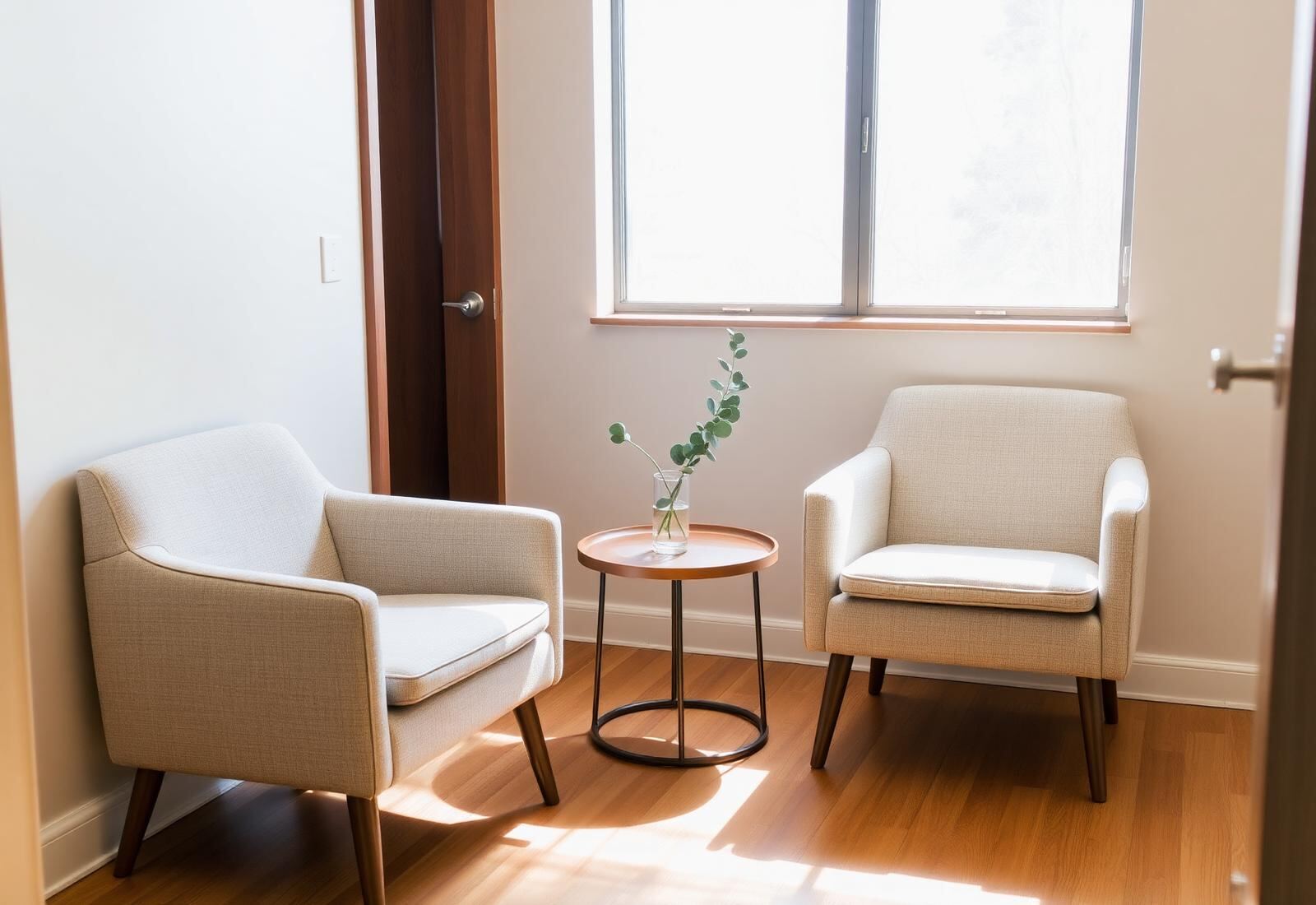 A calm office interior with two upholstered chairs
